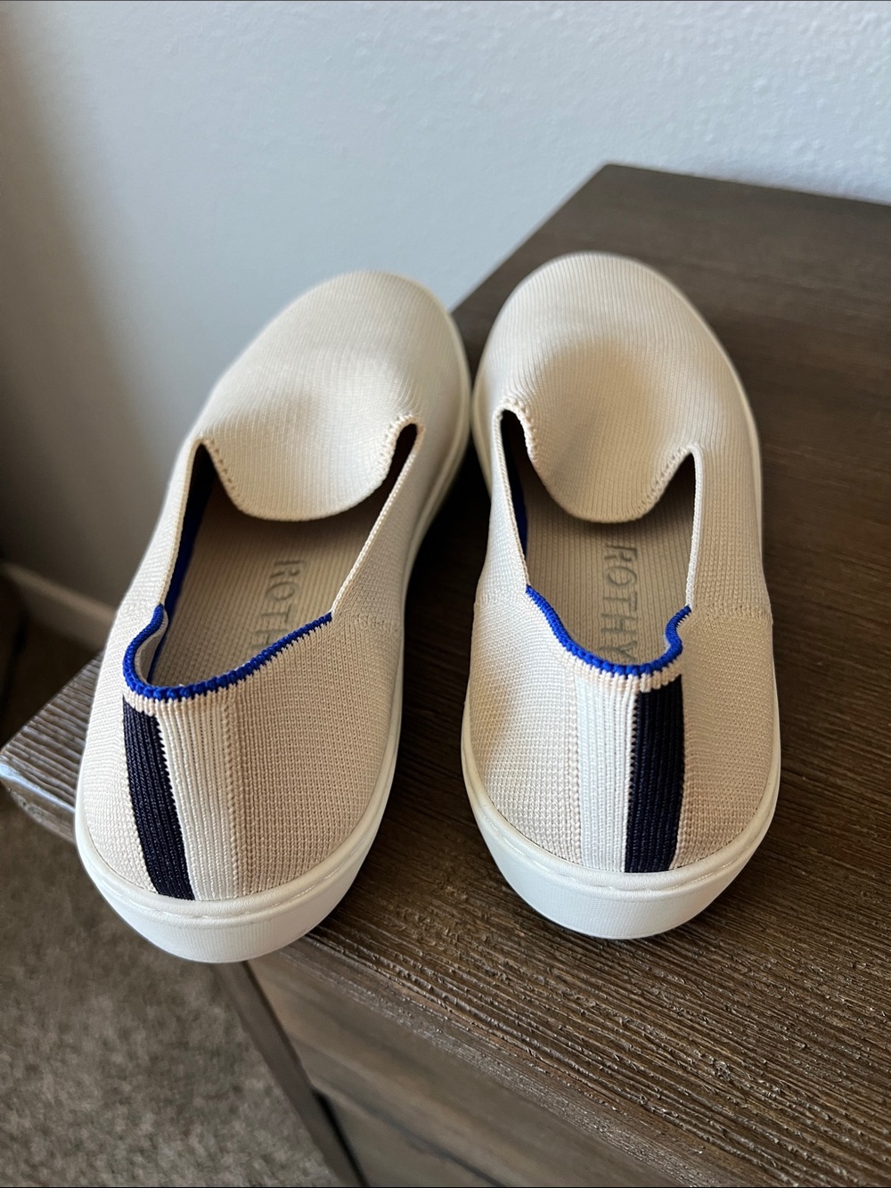 Rothy's Slip-On Loafers in Cream with Blue Trim - Picture 4 of 5